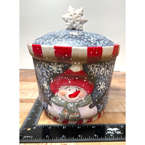 Whimsical Winter Snowman Ceramic Storage Canister With Decorative Lid - Picture 1 of 5